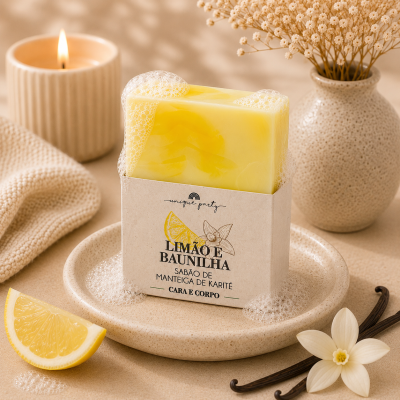 Sabão limão e baunilha com espuma num prato bege rodeado por vela acesa, fatia de limão, flores e vaso com flores secas