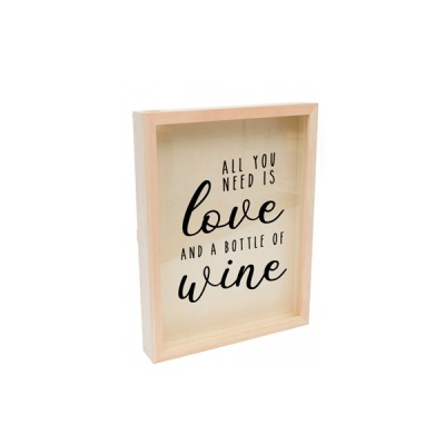 Quadro caixa em madeira com texto motivacional sobre amor e vinho
