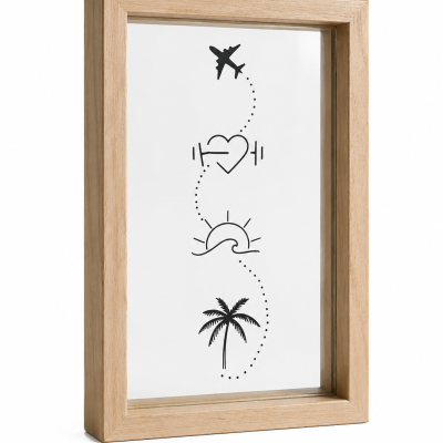 Quadro decorativo com moldura de madeira e ilustrações pretas de avião, coração com pesos, sol e palmeira