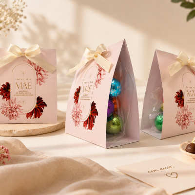 Caixas cor de rosa para bombons com laço creme e flores, com texto feliz dia MÃE, bombons coloridos visíveis