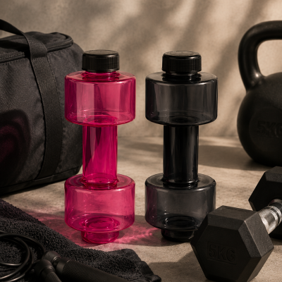 Duas garrafas em forma de halteres rosa e preta, rodeadas por acessórios de treino num chão de superfície clara.
