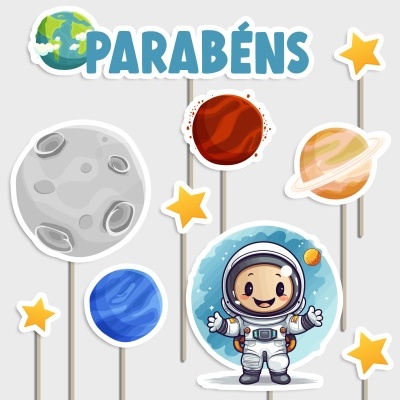 Toppers de bolo com tema espaço coloridos e palavra PARABÉNS