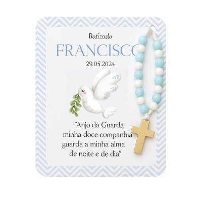 Cartão de batizado com ilustração de pomba e terço azul e dourado