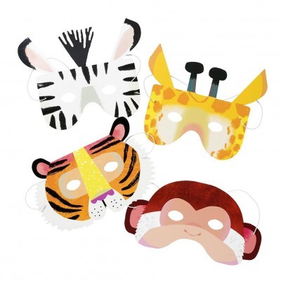 Quatro máscaras de papel de animais: zebra, girafa, tigre e macaco.