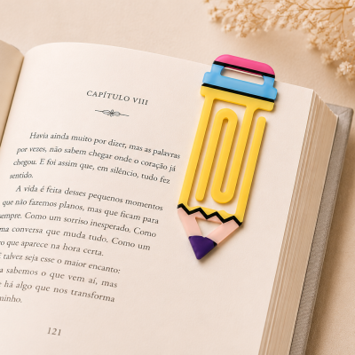 Clip marcador de página em forma de lápis colorido sobre um livro aberto