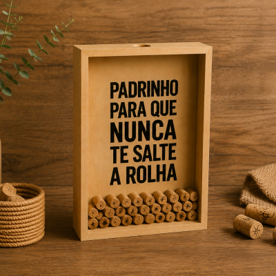 Quadro de madeira clara com texto para padrinho, rolhas e decoração em madeira e cerâmica