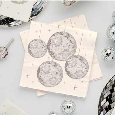 Guardanapos de papel com estampa de bolas de discoteca em fundo branco