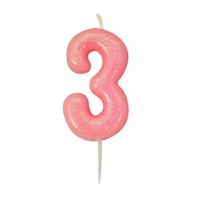 Vela de aniversário rosa em forma do número 3 com brilho
