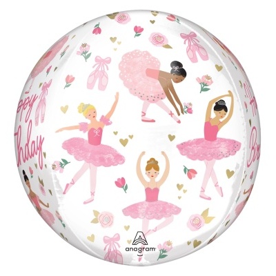 Balão com bailarinas em tutus cor de rosa e decoração floral