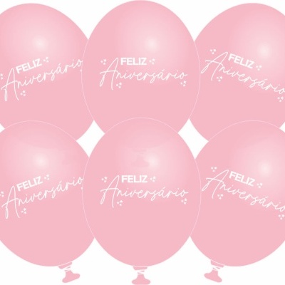 Seis balões cor de rosa com 'FELIZ Aniversário' em branco