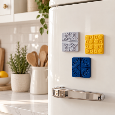 Três ímanes quadrados coloridos com padrões decorativos numa porta de frigorífico branca
