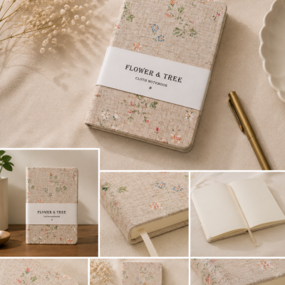 Caderno de capa de tecido bege com flores pequenas coloridas