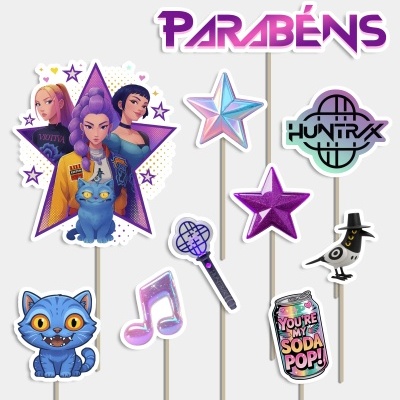 Toppers para festa com designs coloridos, texto parabéns, personagens, gato azul, estrelas, nota musical, microfone, corvo, lata colorida e logo huntrx