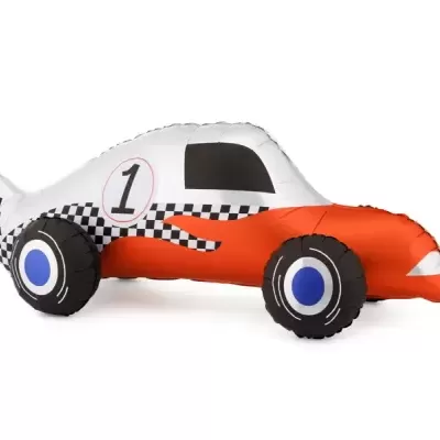 Balão em forma de carro de corrida branco e laranja com roda preta e azul