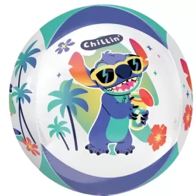 Bola de praia inflável branca com estampa colorida de Stitch com óculos de sol e texto Chillin'