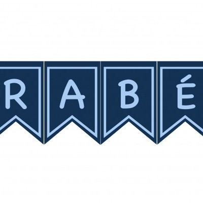 Faixa azul escura com letras brancas formando a palavra PARABÉNS