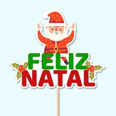 Decoração de Natal com Pai Natal e texto FELIZ NATAL em verde e vermelho