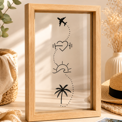 Quadro com moldura de madeira e desenho preto minimalista de avião, coração com halteres, sol e palmeira