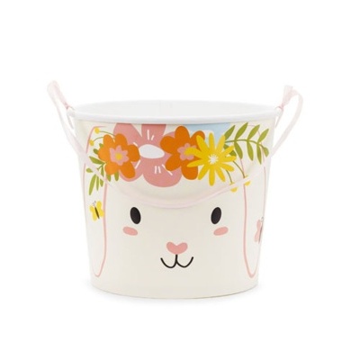Balde branco com rosto de coelho e coroa de flores coloridas