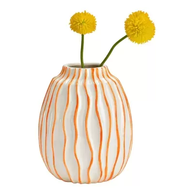 Vaso cerâmico branco com linhas laranjas e flores amarelas