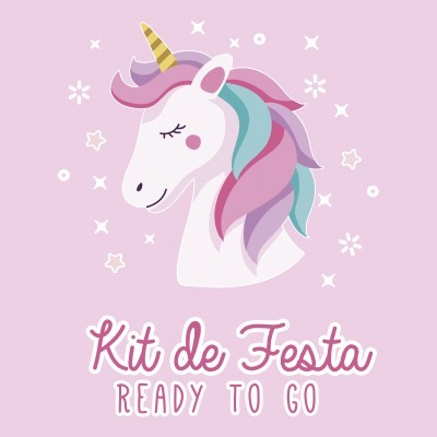 Unicórnio colorido com texto Kit de Festa READY TO GO em fundo rosa claro