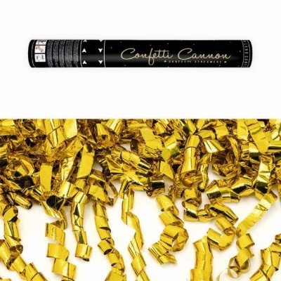 Canhão de confetes preto com texto dourado e confetes dourados enrolados