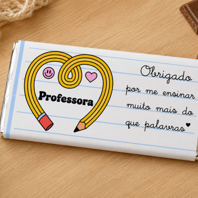 Barra de chocolate para professora com agradecimento, lápis em forma de coração e texto em embalagem branca