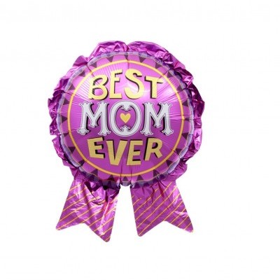 Balão decorativo roxo com texto Best Mom Ever em amarelo