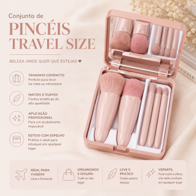 Conjunto de pincéis de maquilhagem travel size cor rosa em estojo com espelho aberto