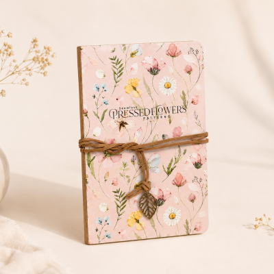 Caderno de capa rosa flores prensadas com corda e pendente de folha, vaso branco e raminhos secos em fundo claro