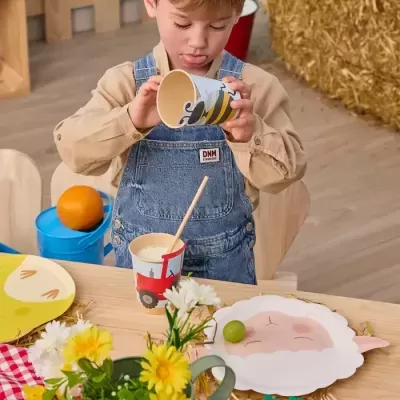Copo de papel com abelha e copo com trator vermelho numa mesa com prato infantil ovelha e flores, criança com macacão jeans.
