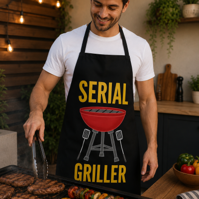 Homem a grelhar carnes e legumes com avental preto SERIAL GRILLER e t-shirt branca.