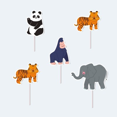 Topper para bolos com desenhos de tigres, elefante, gorila e panda coloridos em cartão