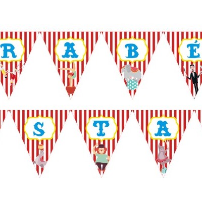 Bandeirola decorativa com as palavras PARABÉNS GUSTAVO em triângulos listrados vermelhos e brancos com desenhos de palhaços