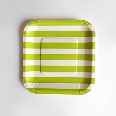 Prato quadrado descartável verde e branco listrado