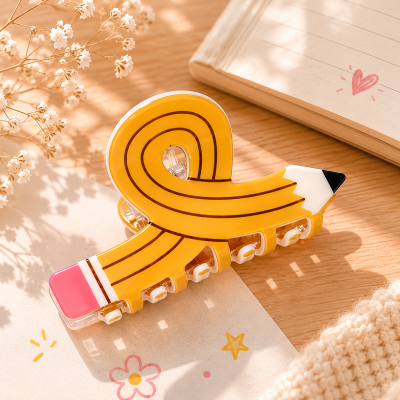 Prendedor de cabelo amarelo em forma de lápis