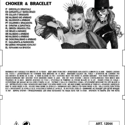 Embalagem de choker e pulseira com imagem de duas pessoas em roupas de festa e texto informativo.