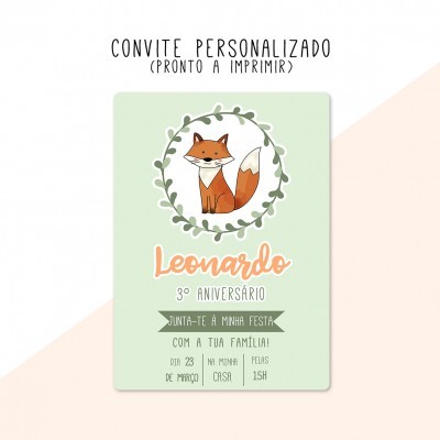 Convite personalizado para festa infantil com raposa e texto em verde e laranja