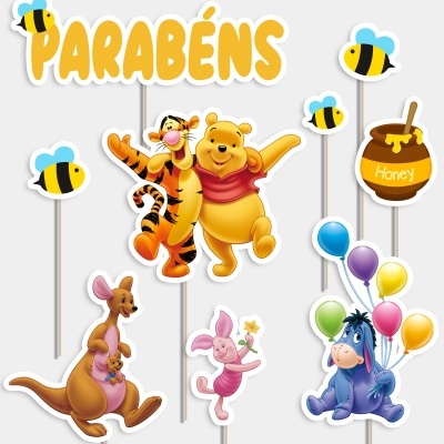 Decorações de festa Winnie the Pooh com personagens, abelhas, pote de mel e texto PARABÉNS