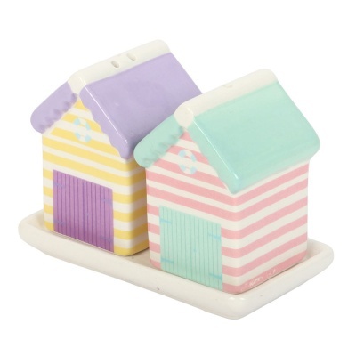 Conjunto de saleiro e pimenteiro em cerâmica formato casinhas listradas amarelo/roxo e rosa/verde com base branca