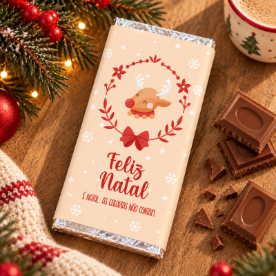 Barra de chocolate de Natal com embalagem decorada e pedaços de chocolate ao lado