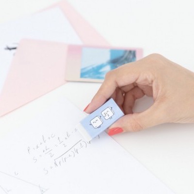 Borracha azul clara com desenhos de gatos brancos segurada por mão com unhas vermelhas sobre papel com equações.