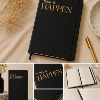 Caderno preto com texto dourado make it HAPPEN, páginas pautadas e caneta dourada