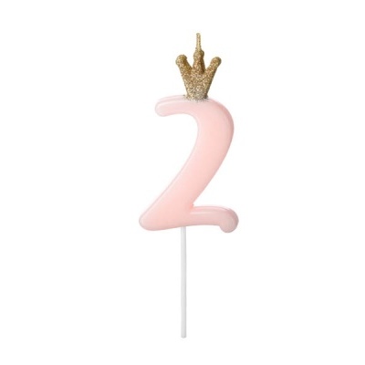 Vela de aniversário número 2 rosa com coroa dourada