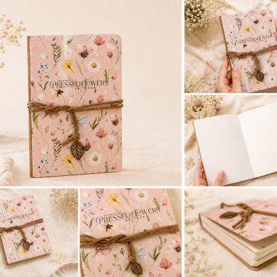 Caderno com capa floral rosa e cordão castanho com pendente de folha sobre tecido bege.