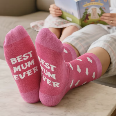 Meias rosa com texto branco BEST MUM EVER e estampa de nuvens brancas