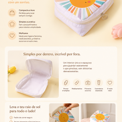 Bolsa quadrada branca com estampa de sol sorridente e fecho de correr