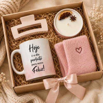 Caixa de presente com caneca, vela, prendedor de cabelo e luvas cor-de-rosa
