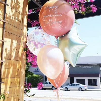 Conjunto de balões com texto 'Happy Quarantine Birthday' pendurados em suporte com flores cor-de-rosa ao fundo