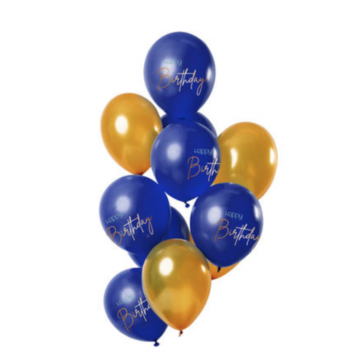 Balões azuis e dourados com texto 'Happy Birthday'